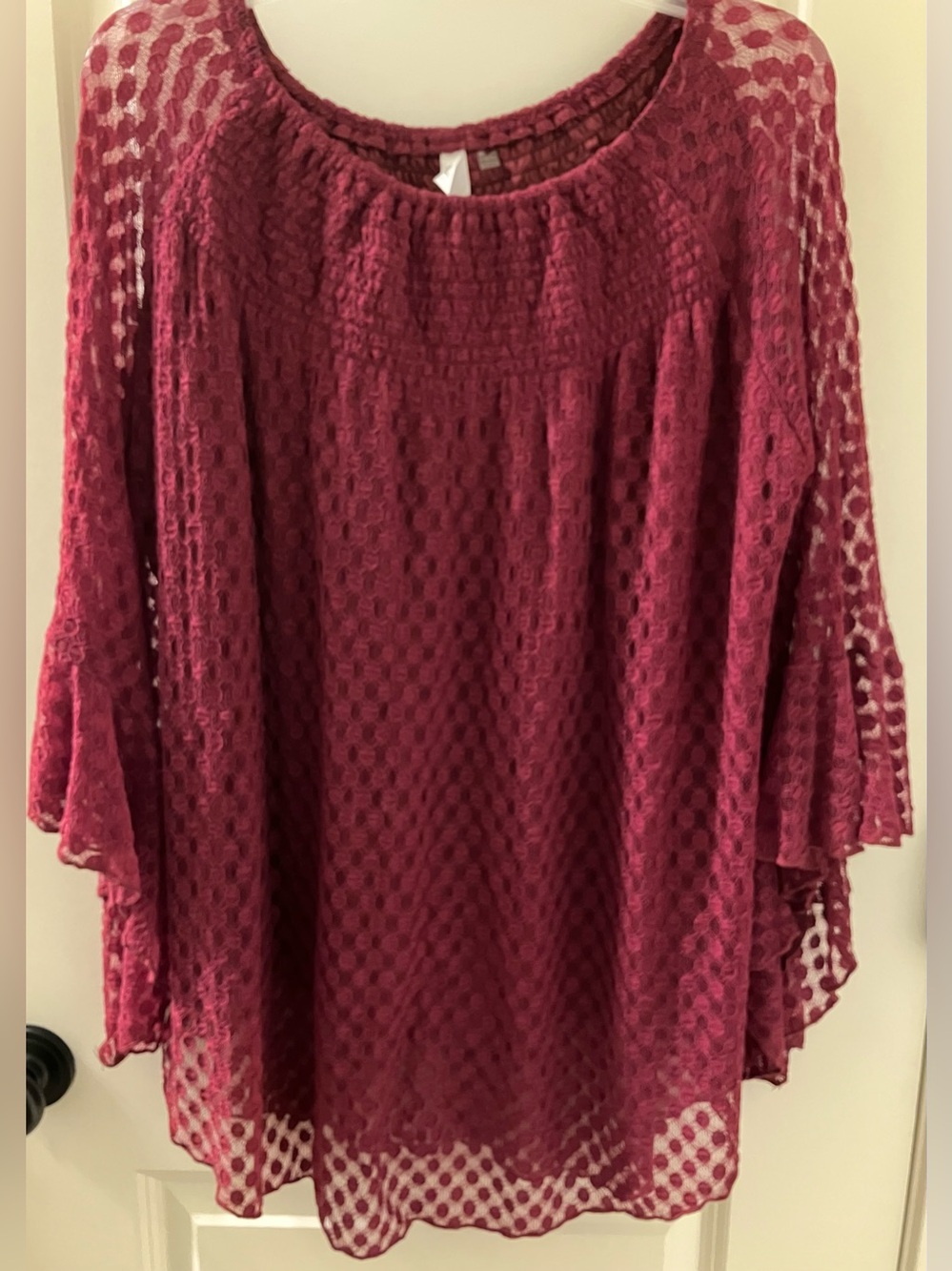 NY Collection Women’s Maroon Lace Bell Sleeve Tunic Blouse Size L